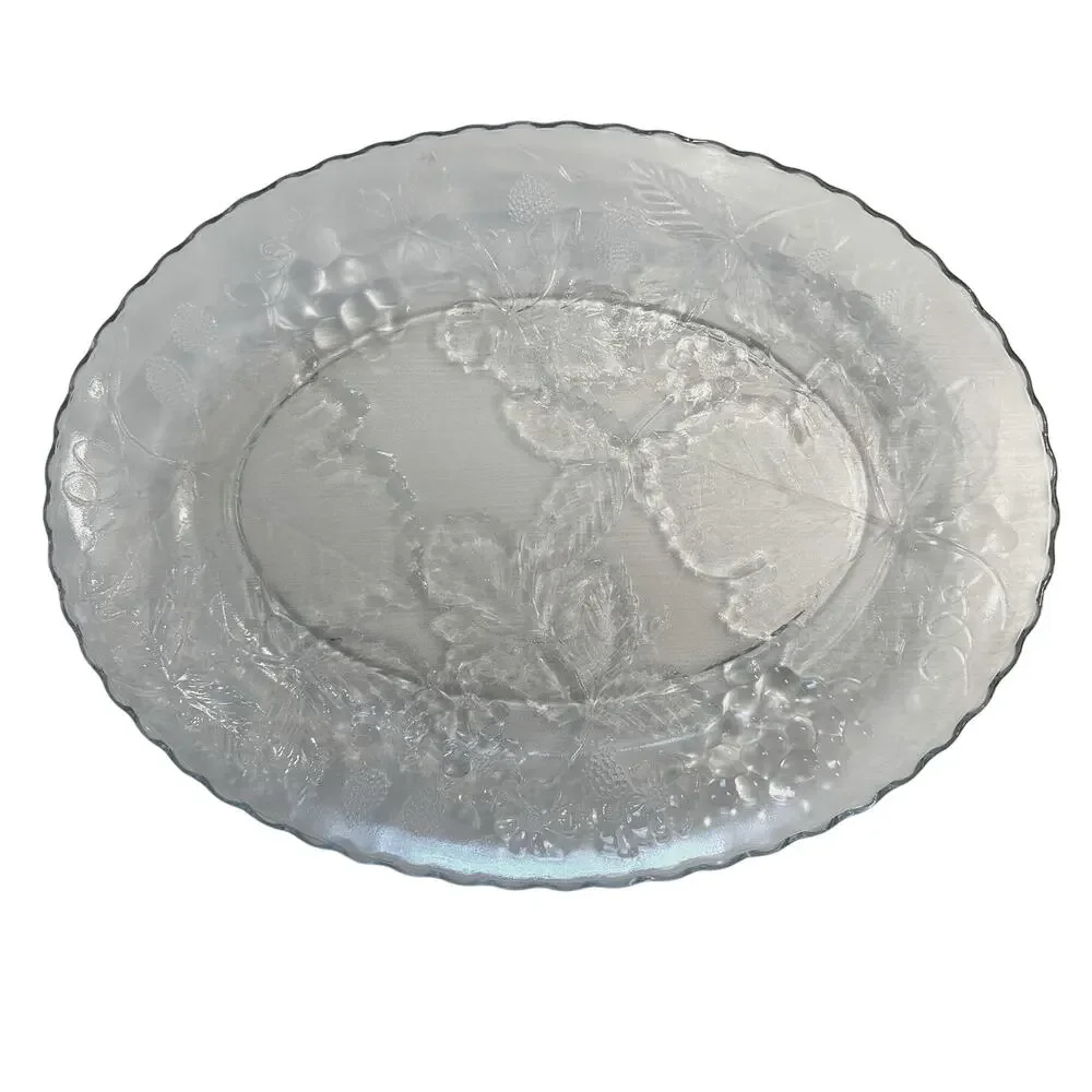 Anchor Hocking Heavy Glass Oval Embossed Grapes Leaves Berries Platter 17.75